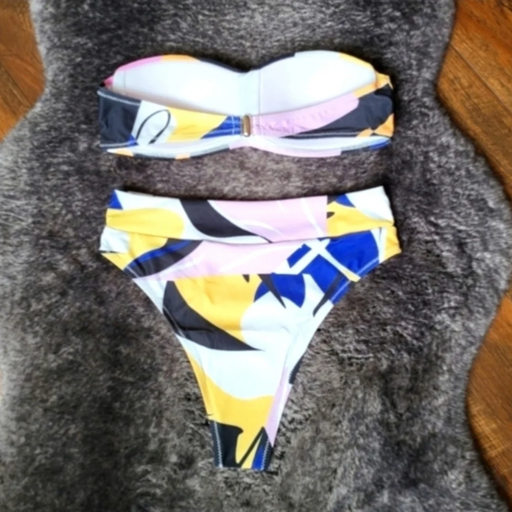 New Black Colorful Bandeau Top High Waist Bikini Set Swimsuit Size M - Picture 6 of 6